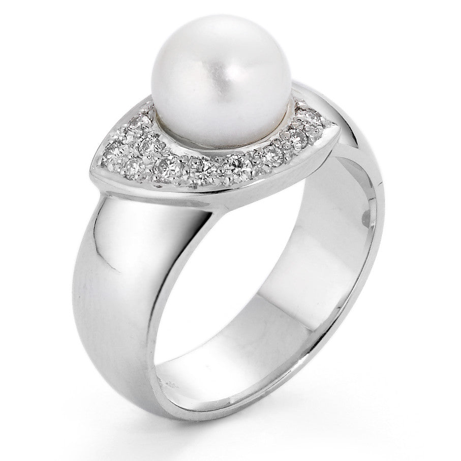 Ring 18k White Gold Diamond 0.15 ct, 10 Stones, w-si Freshwater pearl White, 8 mm