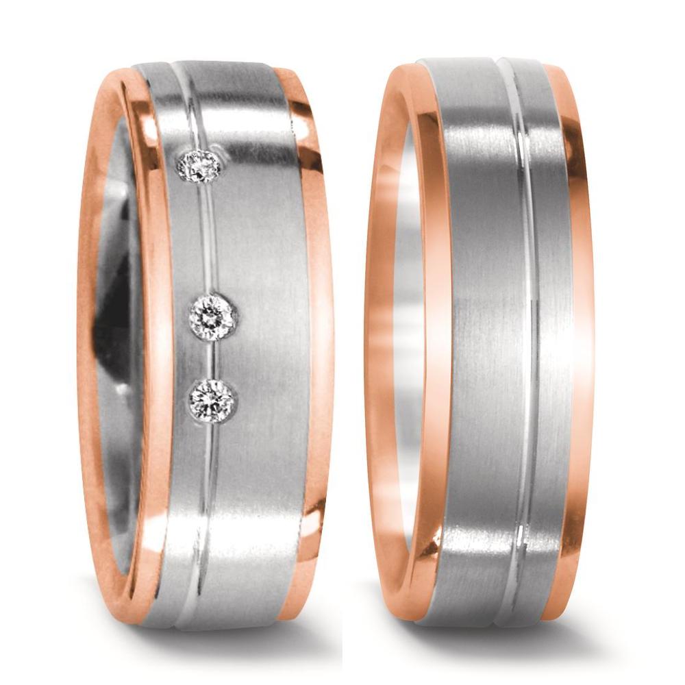 Wedding Ring 18k White Gold, 18k Red Gold Diamond 0.06 ct, 3 Stones, w-si