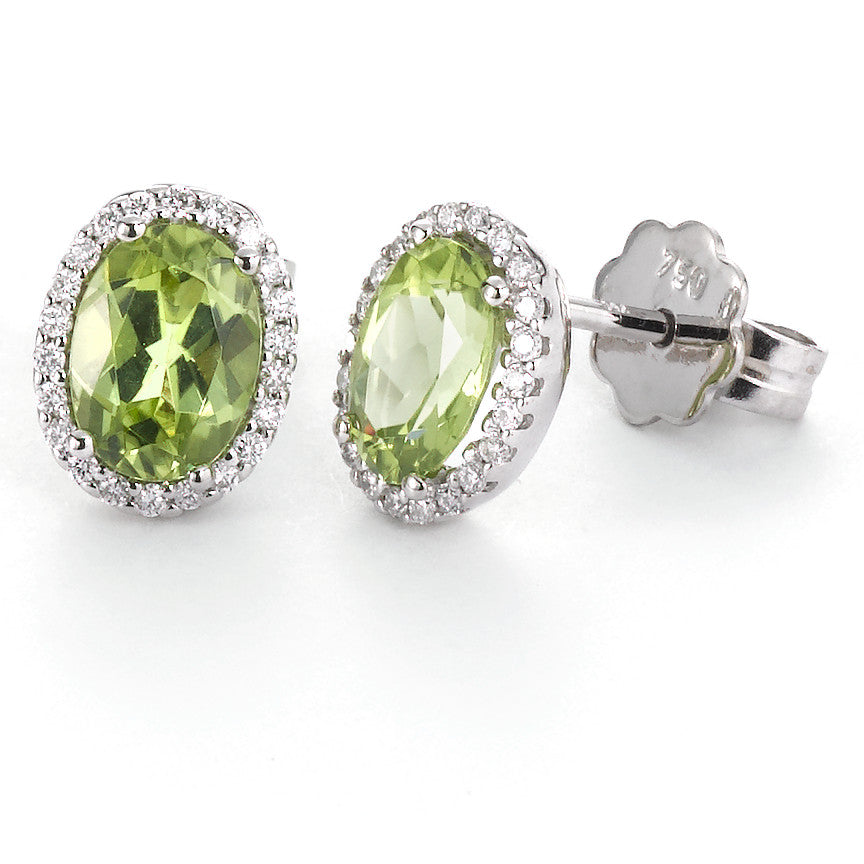 Stud earrings 18k White Gold Peridot Green, 2 Stones, oval, Diamond White, 0.18 ct, 44 Stones, tw-vsi