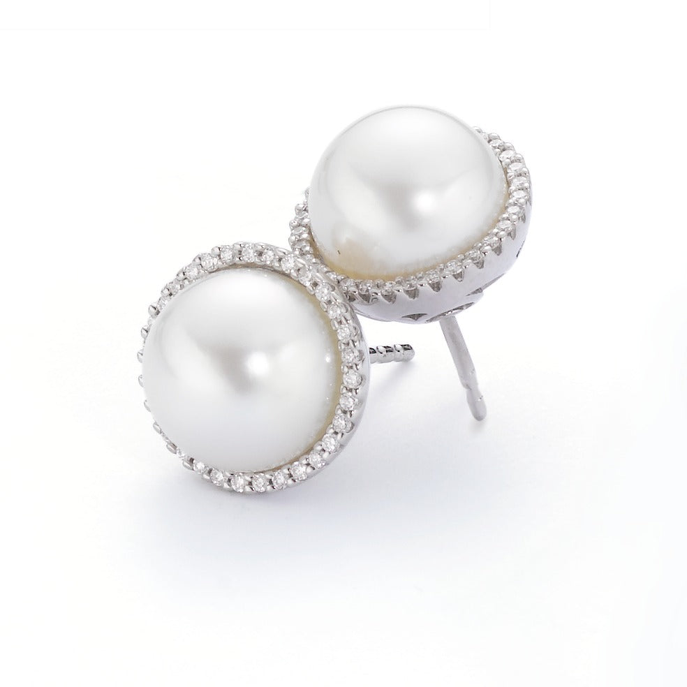 Stud earrings 18k White Gold Diamond White, 0.20 ct, 62 Stones, brilliant, tw-vsi Freshwater pearl White, 2 Pearls, 9.5 mm Ø12 mm