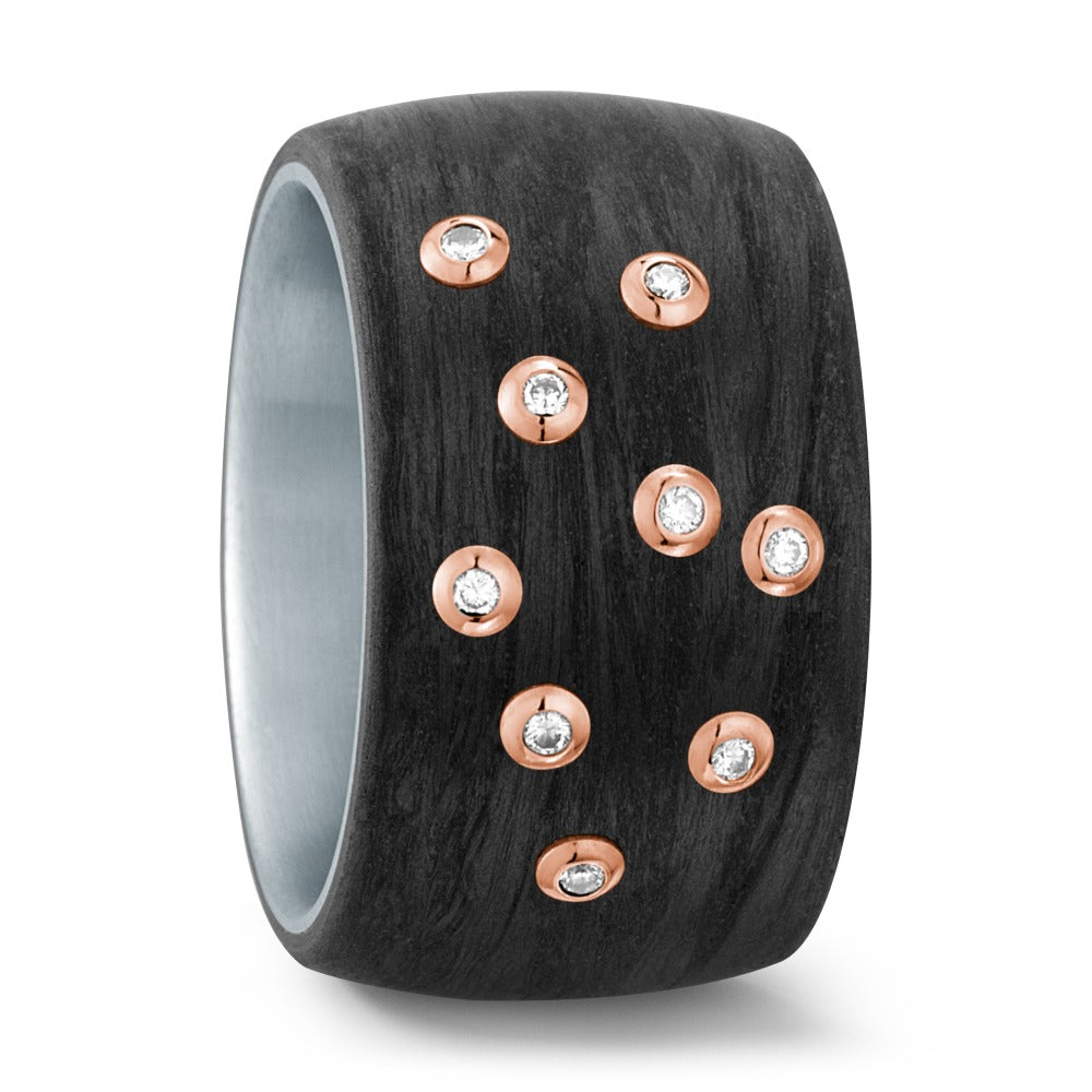 Ring Stainless steel, Carbon, 18k Red Gold Diamond White, 0.09 ct, 9 Stones, w-si