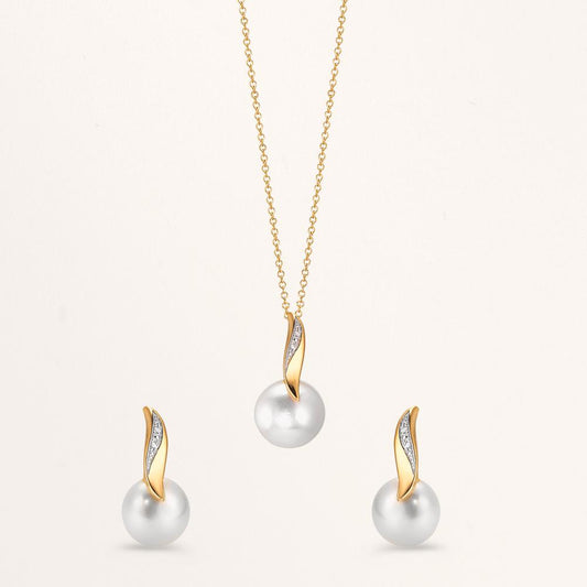 Necklace with pendant 18k Yellow Gold, 18k White Gold Diamond White, 0.01 ct, 2 Stones, brilliant, w-si Freshwater pearl White, 10 mm 40-42 cm