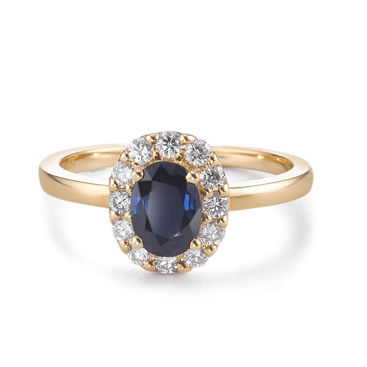 Ring 18k Yellow Gold Sapphire 0.94 ct, Diamond 0.40 ct, 12 Stones, brilliant, w-si