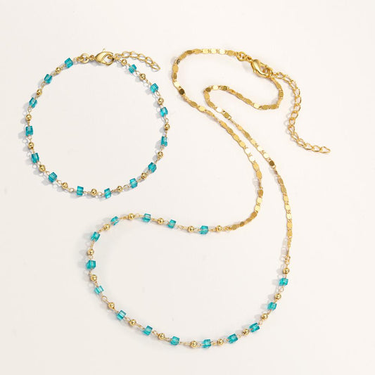 Necklace Bronze Crystal Aqua, 15 Stones Gold plated 40-45 cm