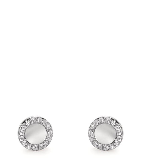Stud earrings Silver Zirconia Rhodium plated Mother of pearl White Ø6 mm