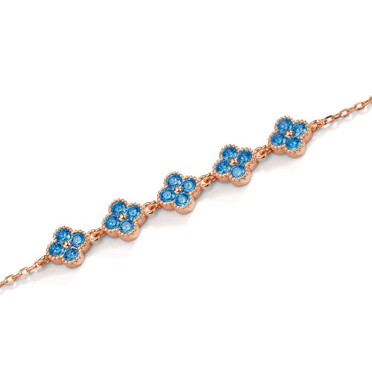 Bracelet Silver Zirconia Light Blue, 20 Stones Rose Gold plated Flower 16-19 cm