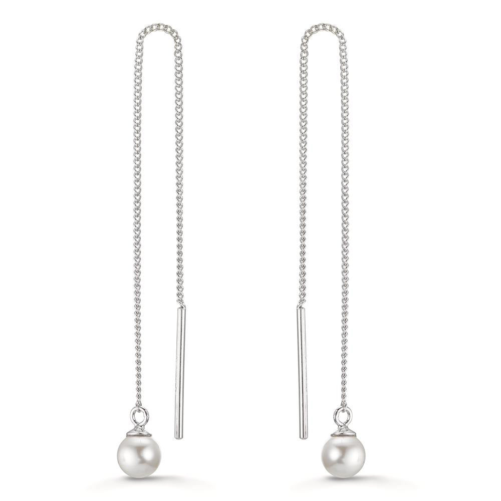Threader Earrings Silver Rhodium plated Shining pearls, 2 Pearls, 5 mm