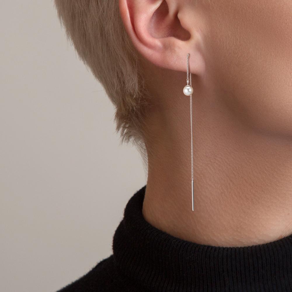Threader Earrings Silver Rhodium plated Shining pearls, 2 Pearls, 5 mm