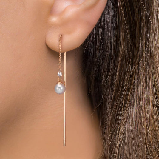 Threader Earrings 18k Red Gold Diamond 0.06 ct, 3 Stones, tw-si Akoya pearls, 2 Pearls, 4.5 mm