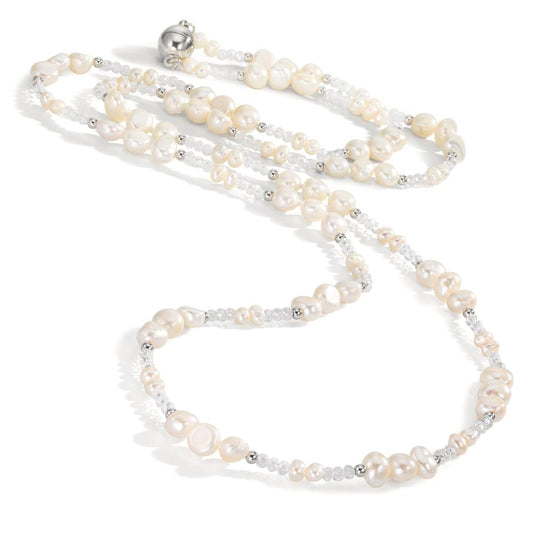 Necklace Stainless steel Crystal White Freshwater pearl 90 cm
