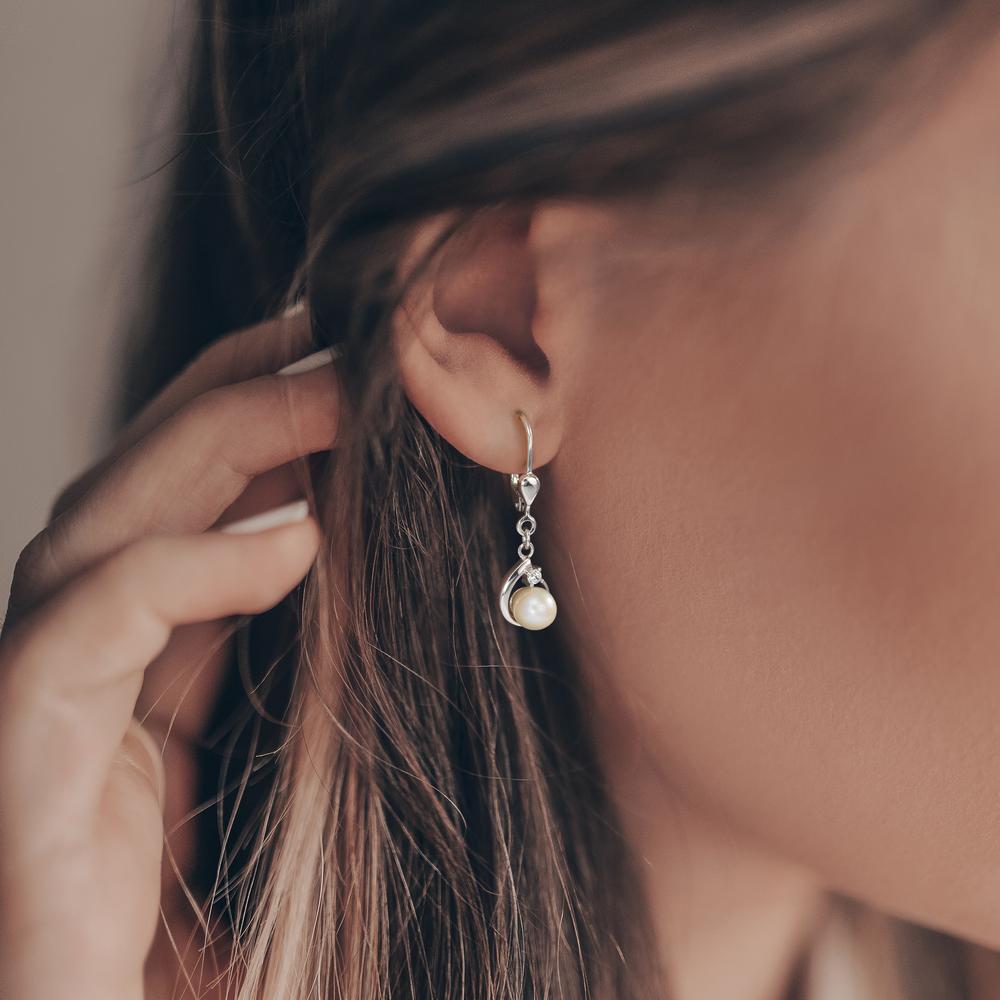 Drop Earrings Silver Zirconia 2 Stones Rhodium plated Freshwater pearl, 2 Pearls, 5.5 mm