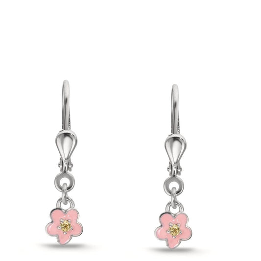 Drop Earrings Silver Zirconia Yellow, 2 Stones Rhodium plated Flower