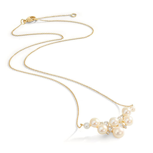 Necklace 18k Yellow Gold Diamond 0.08 ct, 4 Stones, w-si Freshwater pearl, 12 Pearls 3.5-6.5 mm 42-45 cm