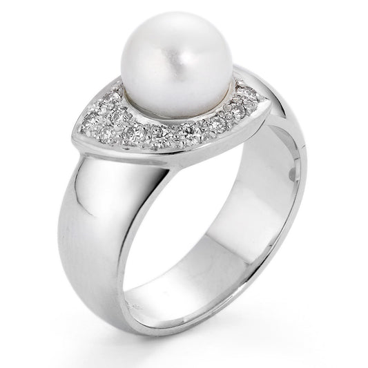 Ring 18k White Gold Diamond 0.15 ct, 10 Stones, w-si Freshwater pearl White, 8 mm