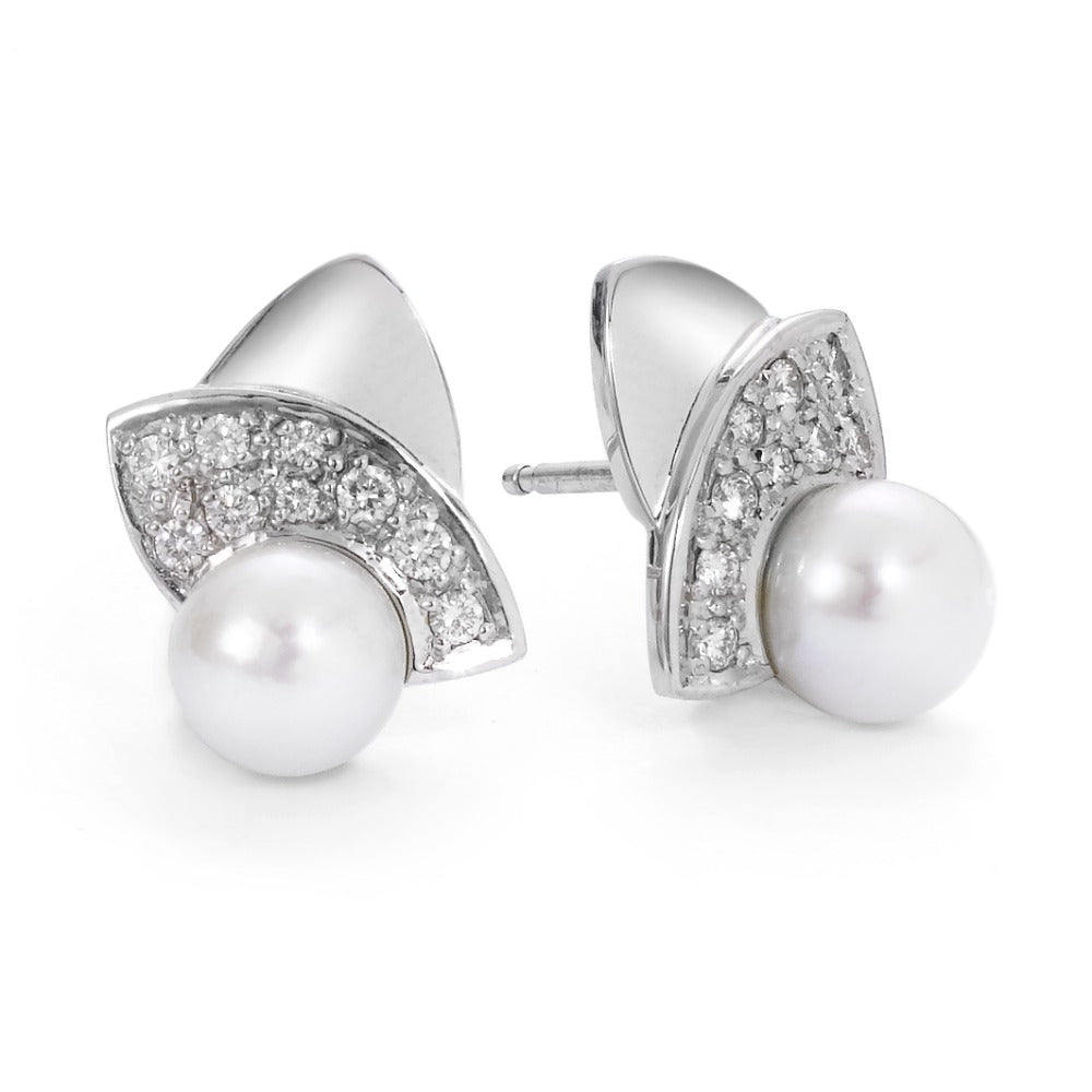 Stud earrings 18k White Gold Diamond 0.30 ct, 18 Stones, w-si Freshwater pearl White