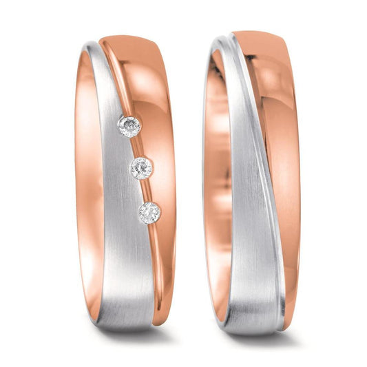 Wedding Ring 18k Red Gold, 18k White Gold Diamond 0.045 ct, 3 Stones, tw-vsi