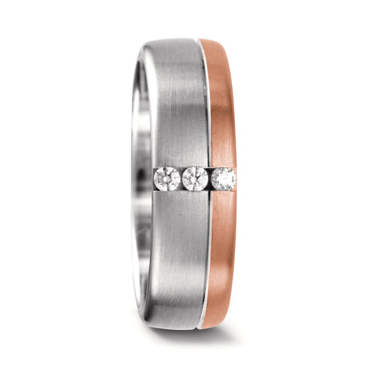 Wedding Ring 18k White Gold, 18k Red Gold Diamond 0.075 ct, 3 Stones, tw-vsi