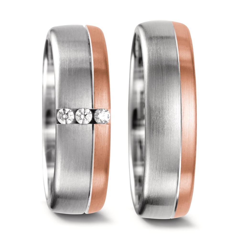 Wedding Ring 18k White Gold, 18k Red Gold Diamond 0.075 ct, 3 Stones, tw-vsi