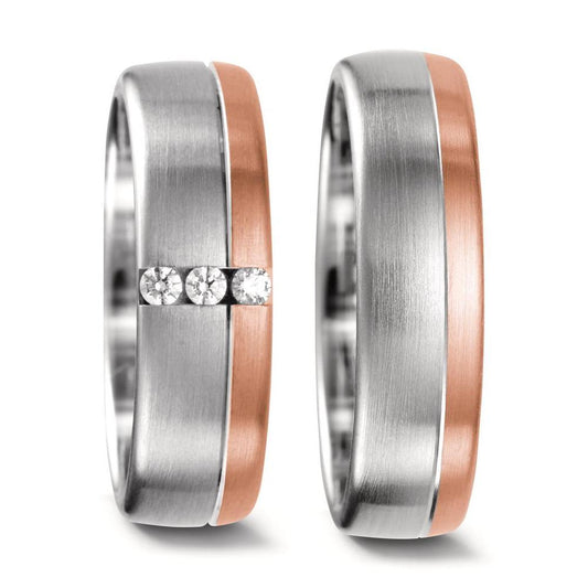 Wedding Ring 18k White Gold, 18k Red Gold Diamond 0.075 ct, 3 Stones, tw-vsi
