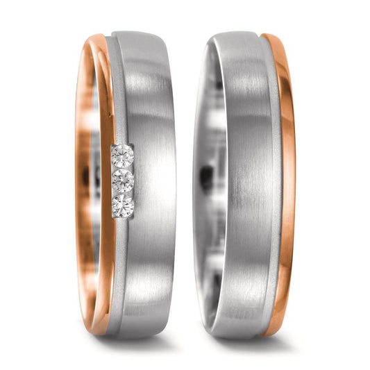 Wedding Ring 18k White Gold, 18k Red Gold Diamond 0.045 ct, 3 Stones, w-si