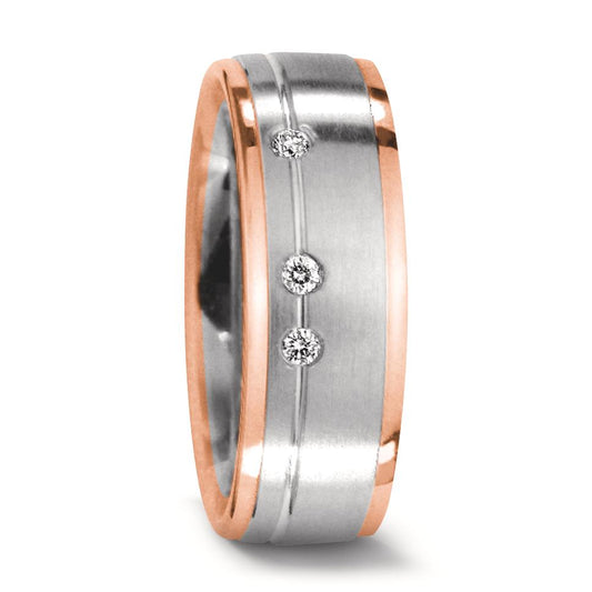Wedding Ring 18k White Gold, 18k Red Gold Diamond 0.06 ct, 3 Stones, w-si