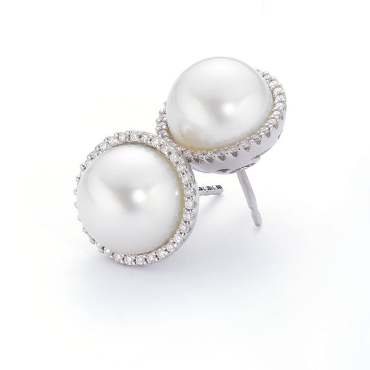 Stud earrings 18k White Gold Diamond White, 0.20 ct, 62 Stones, brilliant, tw-vsi Freshwater pearl White, 2 Pearls, 9.5 mm Ø12 mm