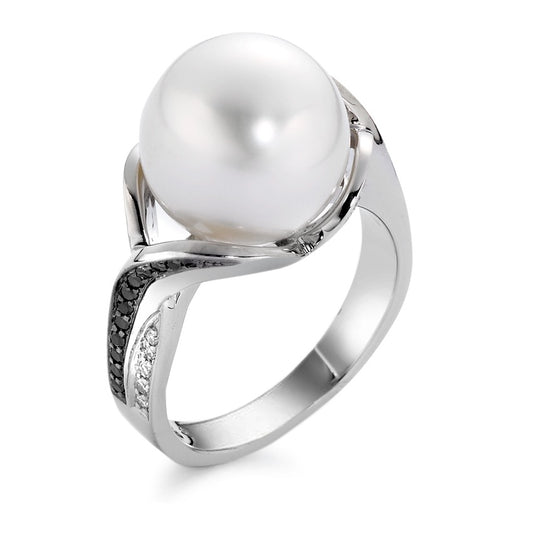 Ring 18k White Gold Diamond Black, 0.24 ct, 44 Stones, brilliant, tw-vsi Freshwater pearl White, 12 mm