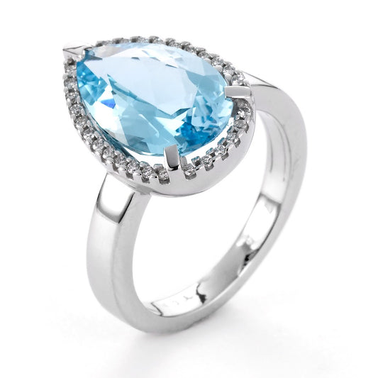 Ring 18k White Gold Topaz, Diamond 0.15 ct, 30 Stones, brilliant, w-si