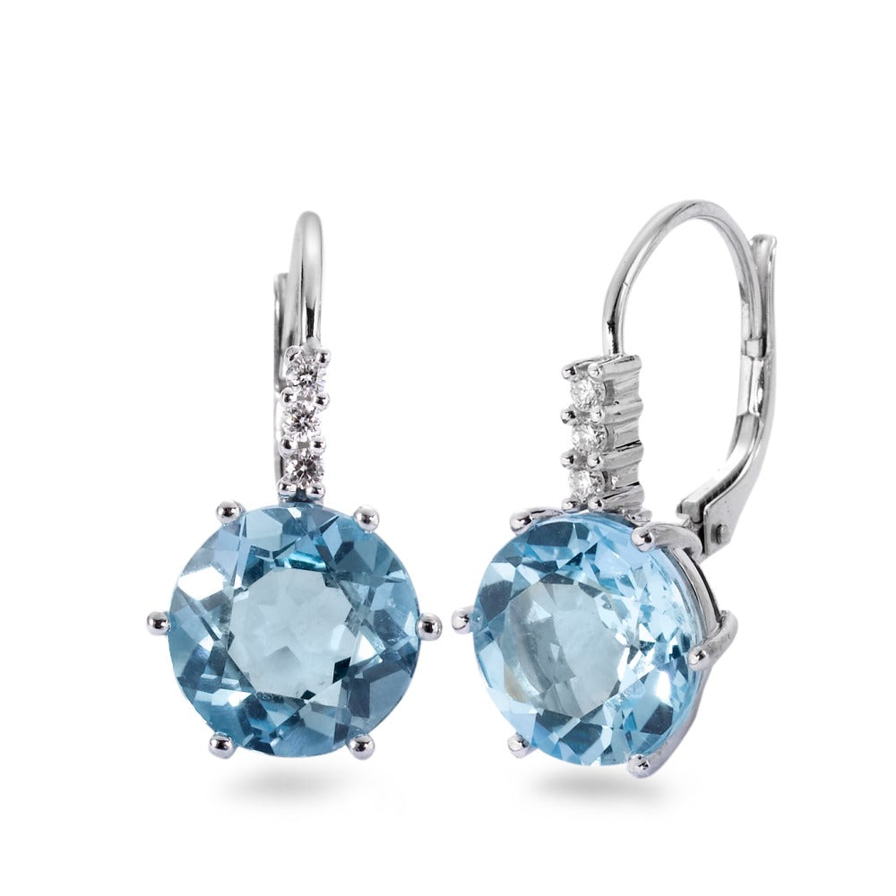 Drop Earrings 18k White Gold Topaz Blue, 2 Stones, Diamond 0.09 ct, 6 Stones, brilliant, w-si