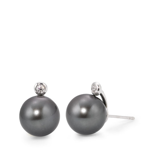 Stud earrings 18k White Gold Diamond 0.09 ct, 2 Stones, w-si Tahitian pearl Gray, 2 Pearls, 12 mm