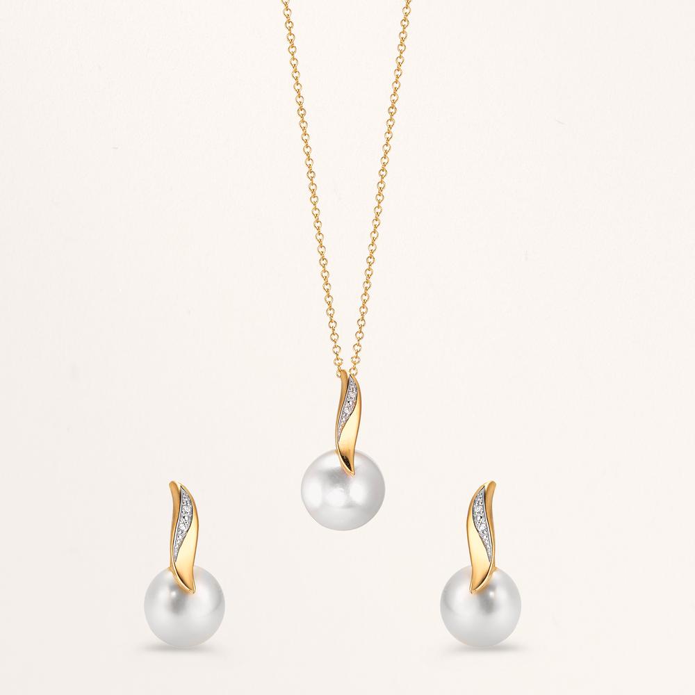 Stud earrings 18k Yellow Gold Diamond White, 0.10 ct, 2 Stones, brilliant, w-si Freshwater pearl White, 2 Pearls, 7 mm