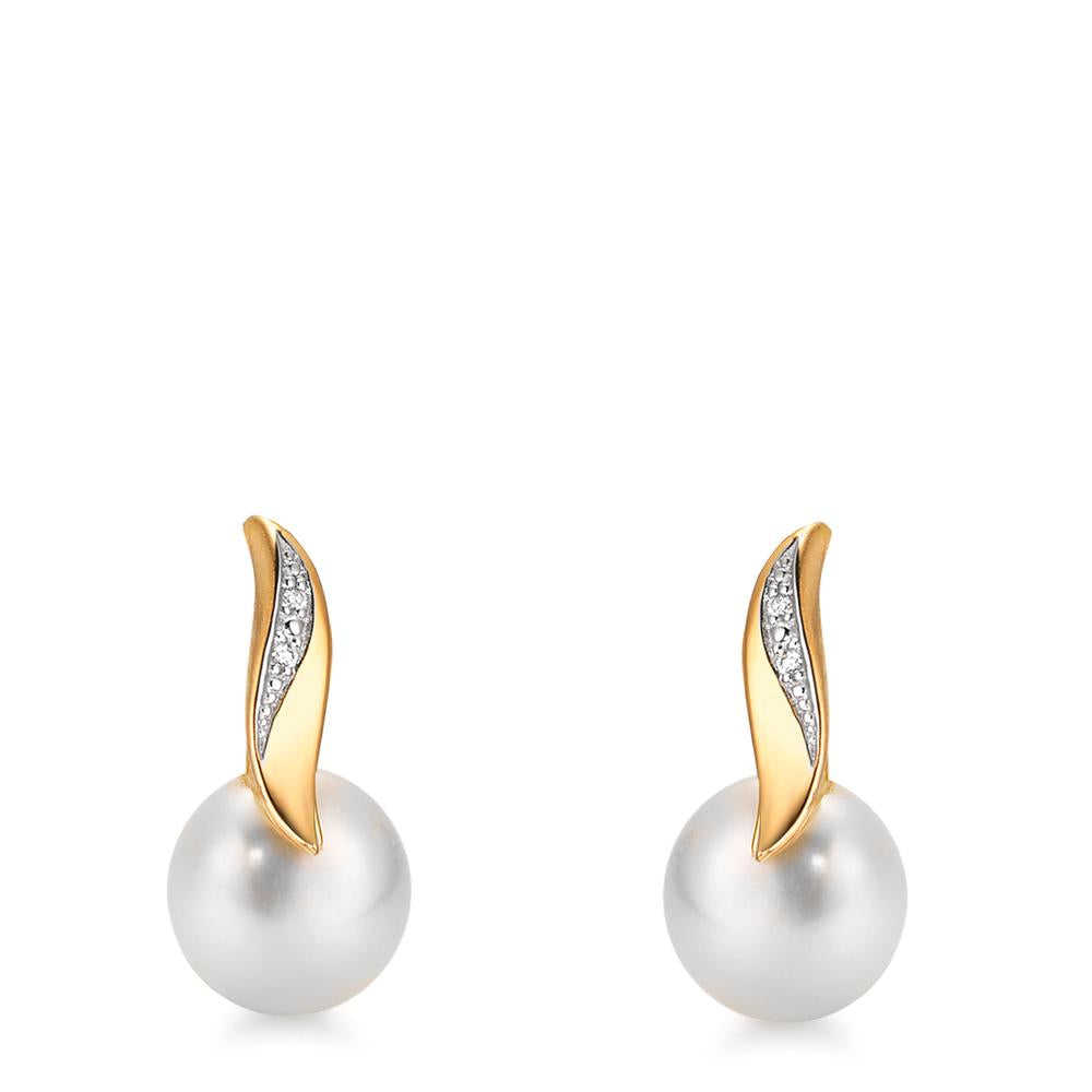 Stud earrings 18k Yellow Gold Diamond White, 0.10 ct, 2 Stones, brilliant, w-si Freshwater pearl White, 2 Pearls, 7 mm