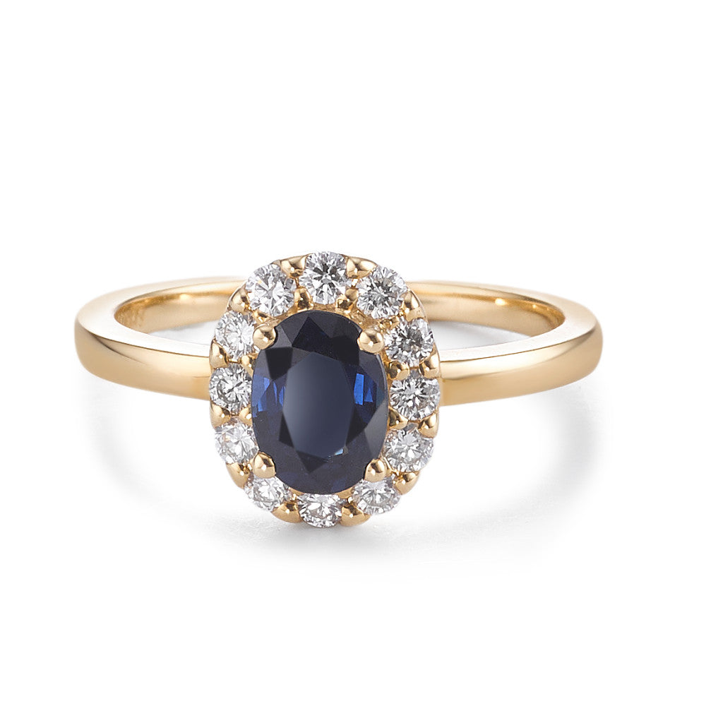 Ring 18k Yellow Gold Sapphire 0.94 ct, Diamond 0.40 ct, 12 Stones, brilliant, w-si