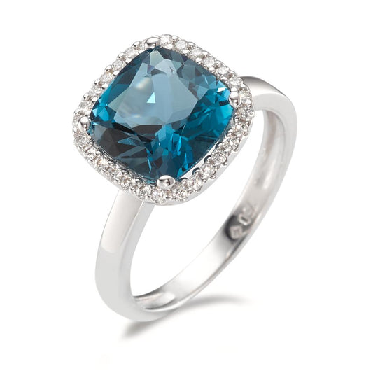 Ring 18k White Gold London Blue Topaz, Diamond 0.14 ct, 28 Stones, brilliant, w-si