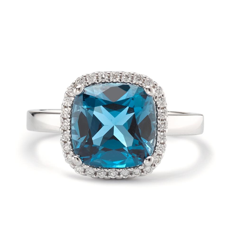 Ring 18k White Gold London Blue Topaz, Diamond 0.14 ct, 28 Stones, brilliant, w-si