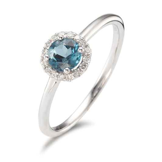 Ring 18k White Gold London Blue Topaz, Diamond 0.11 ct, 16 Stones, brilliant, w-si