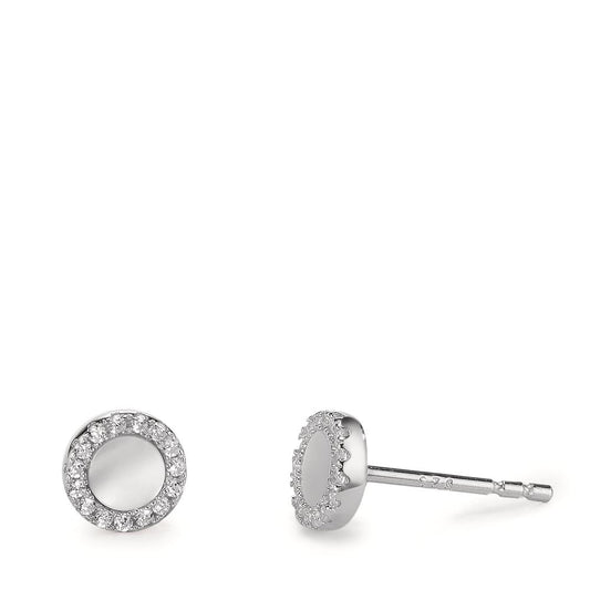Stud earrings Silver Zirconia Rhodium plated Mother of pearl White Ø6 mm