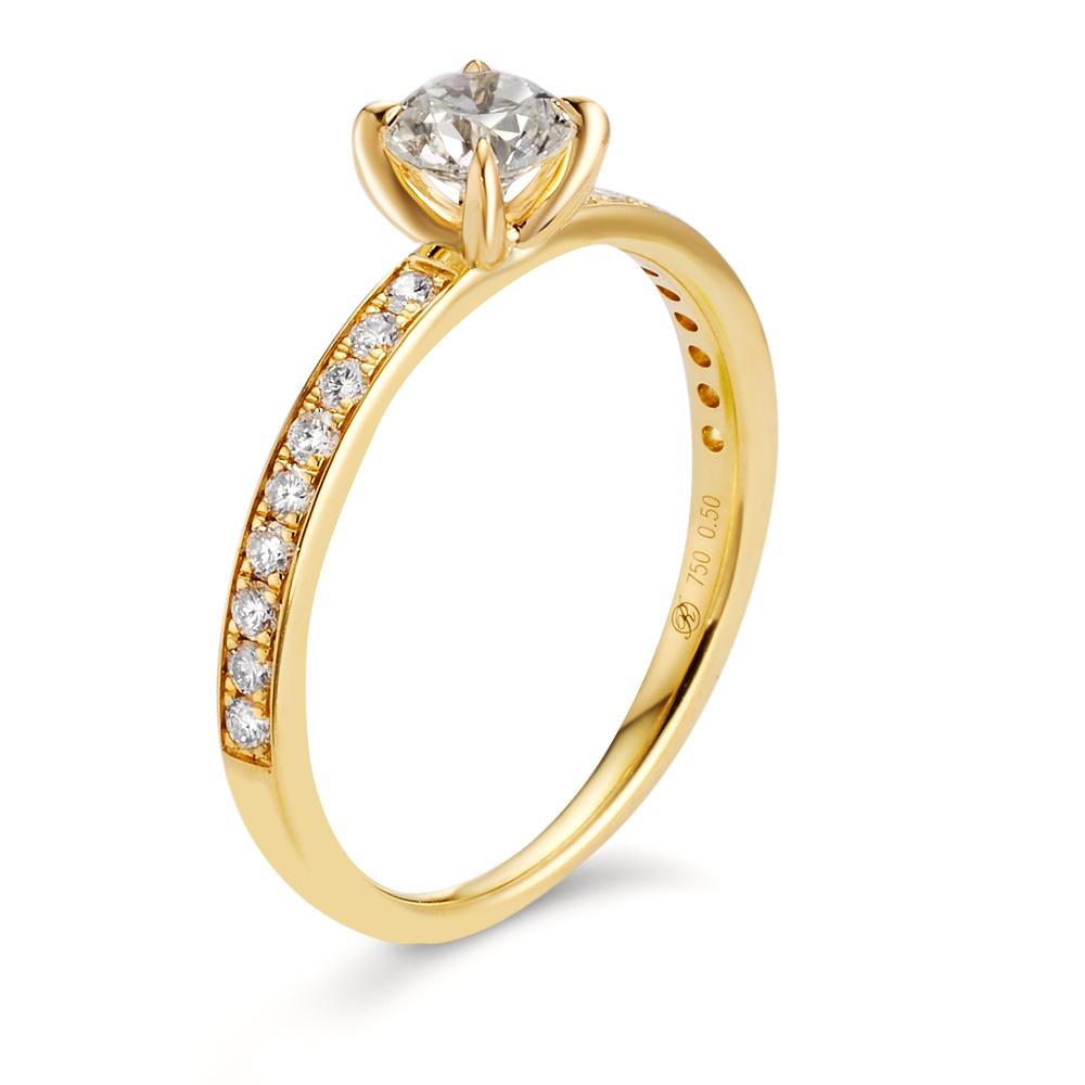 Solitaire ring 18k Yellow Gold Diamond 0.47 ct, brilliant, w-si, Diamond 0.18 ct, 18 Stones, brilliant, w-si