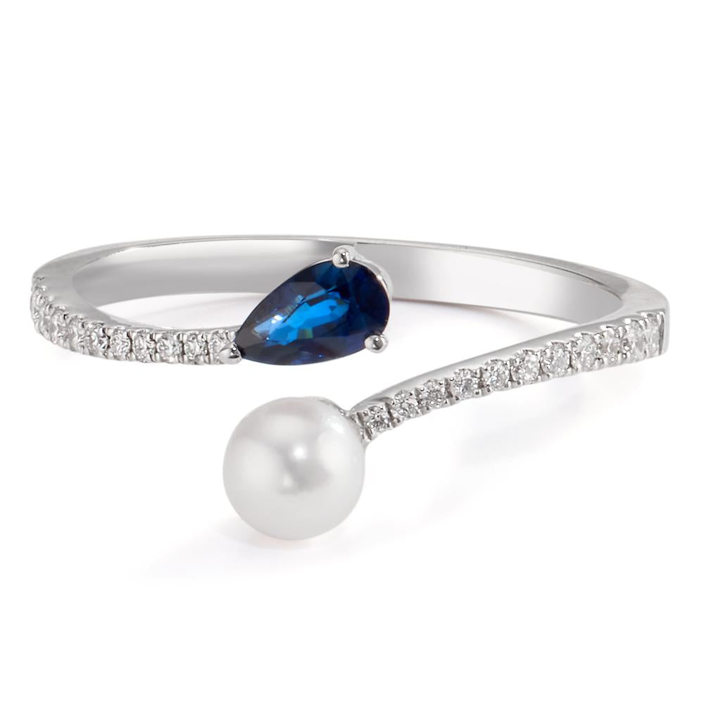 Ring 18k White Gold Diamond 0.105 ct, w-si, Sapphire Akoya pearls 3.5-4 mm