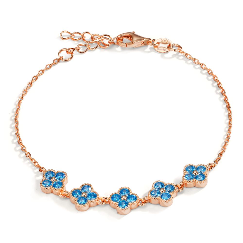 Bracelet Silver Zirconia Light Blue, 20 Stones Rose Gold plated Flower 16-19 cm