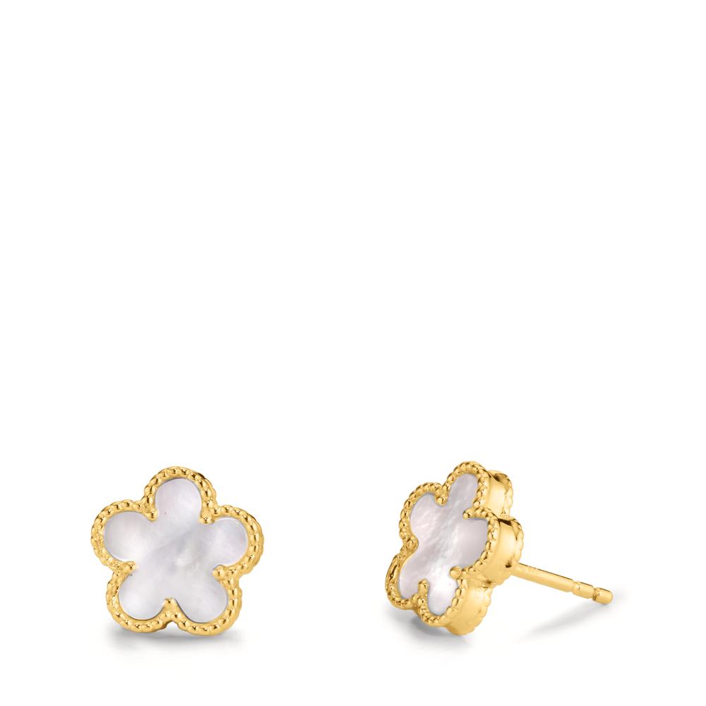 Stud earrings Silver Zirconia Yellow Gold plated Mother of pearl Flower Ø10 mm