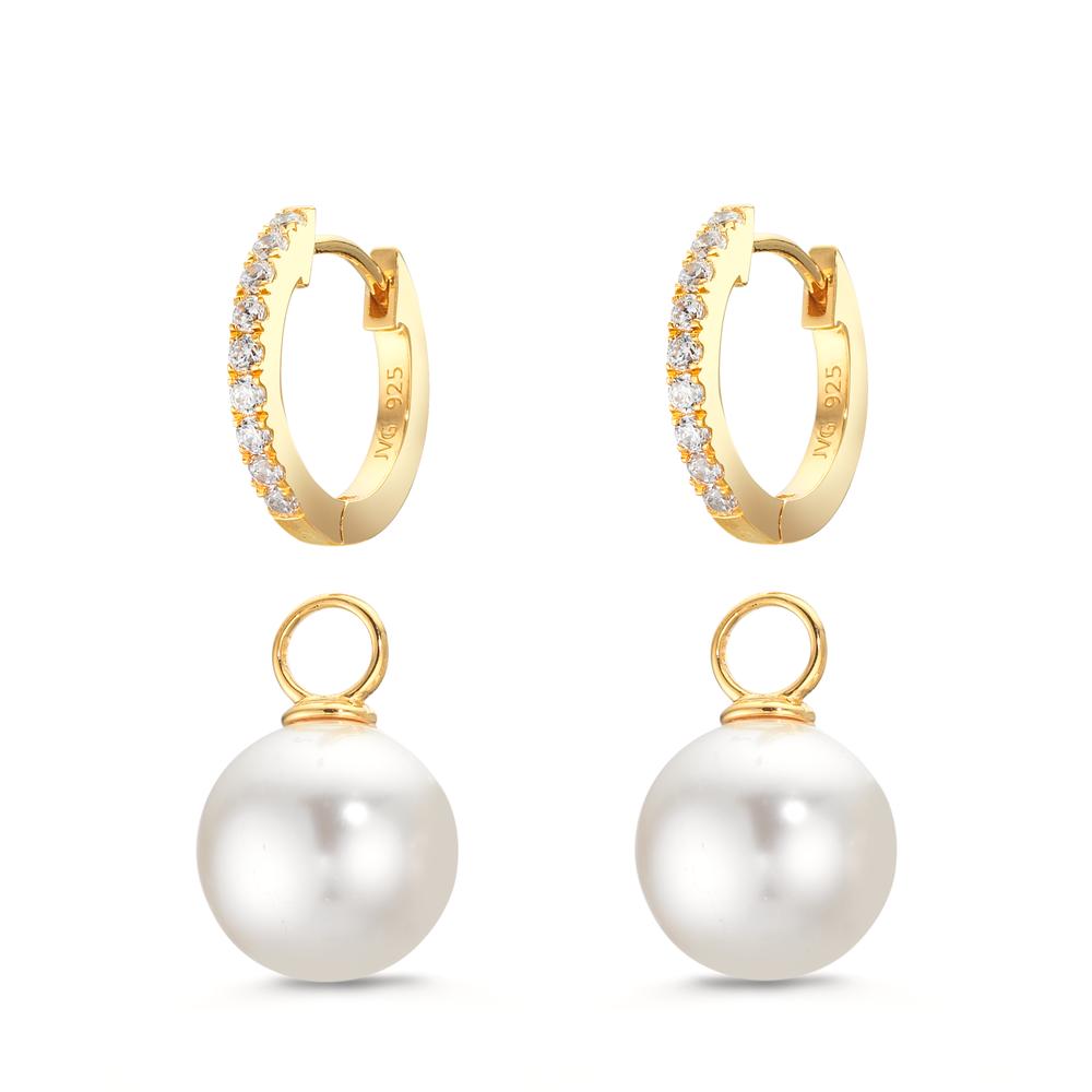 Hinged hoop Silver Zirconia 18 Stones Yellow Gold plated Shining pearls, 2 Pearls, 10 mm