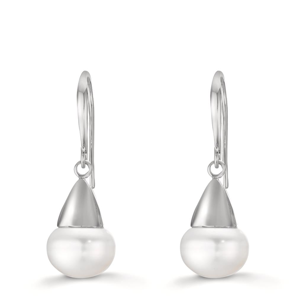 Drop Earrings Silver Rhodium plated Freshwater pearl, 2 Pearls, 9 mm