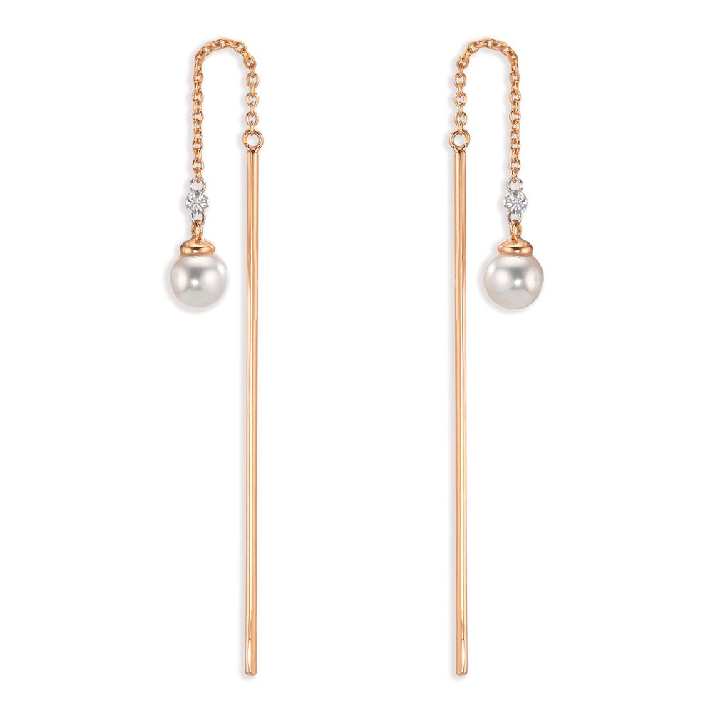 Threader Earrings 18k Red Gold Diamond 0.06 ct, 3 Stones, tw-si Akoya pearls, 2 Pearls, 4.5 mm