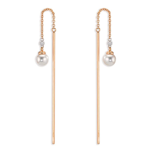 Threader Earrings 18k Red Gold Diamond 0.06 ct, 3 Stones, tw-si Akoya pearls, 2 Pearls, 4.5 mm