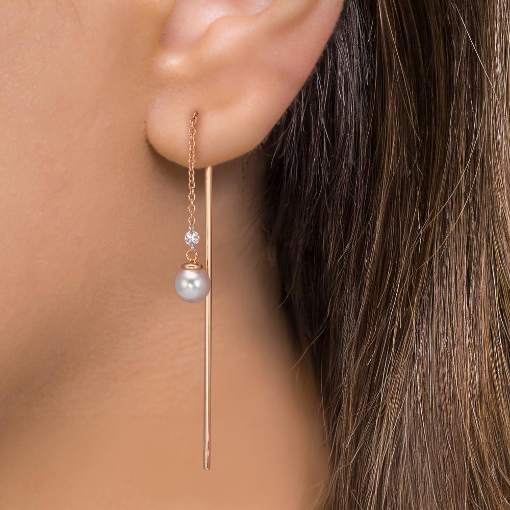 Threader Earrings 18k Red Gold Diamond 0.06 ct, 3 Stones, tw-si Akoya pearls, 2 Pearls, 4.5 mm