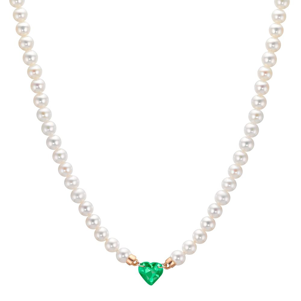 Necklace 18k Red Gold Synthetic Emerald Freshwater pearl, 3.5 mm Heart 40-44 cm