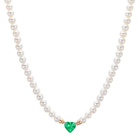 Necklace 18k Red Gold Synthetic Emerald Freshwater pearl, 3.5 mm Heart 40-44 cm