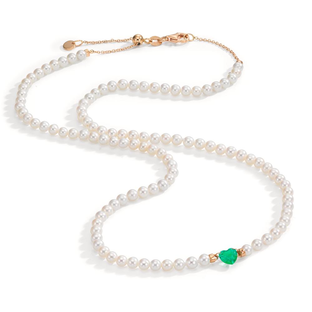 Necklace 18k Red Gold Synthetic Emerald Freshwater pearl, 3.5 mm Heart 40-44 cm