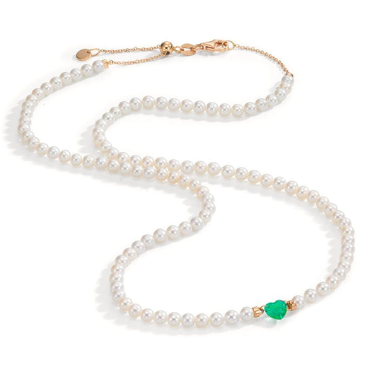 Necklace 18k Red Gold Synthetic Emerald Freshwater pearl, 3.5 mm Heart 40-44 cm
